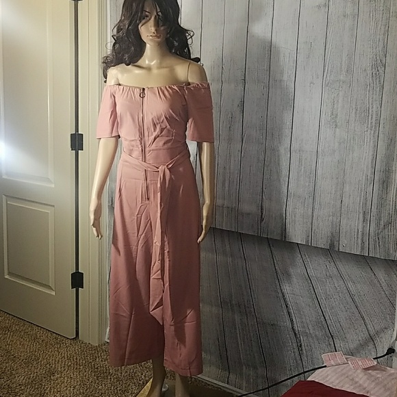 Pink Off Shoulder Wide Leg Jumpsuit - Picture 4 of 6